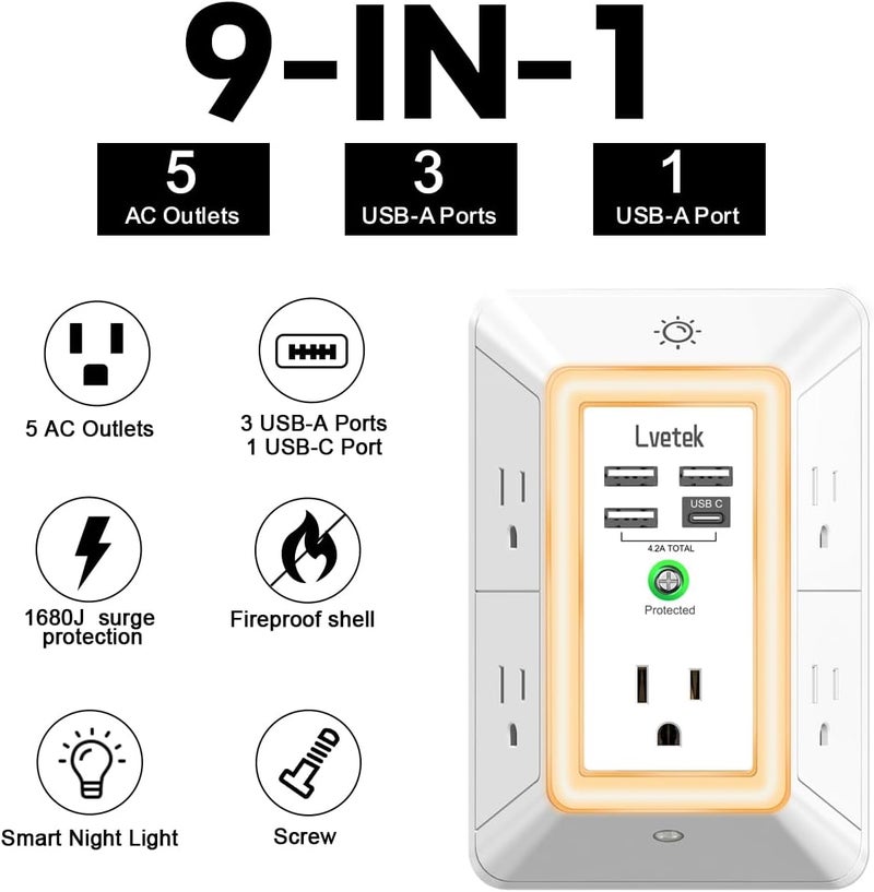 Lvetek Multi Plug Outlet Surge Protector - 3-Sided Power Strip with 5 Outlet Extender and 4 USB Ports(1 USB-C) and Night Light, USB Wall Charger for Home, Office, Travel, ETL Listed, White - Image 2